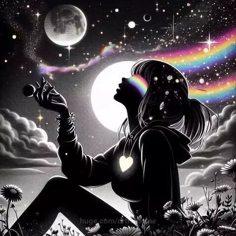 A surreal cosmic scene of a woman sitting in a moonlit field... by drtrichome