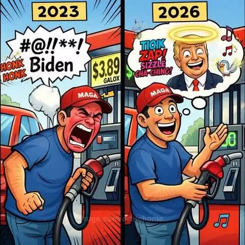 Two-panel political cartoon showing a man angry at gas prices in 2023 and happy in 2026.