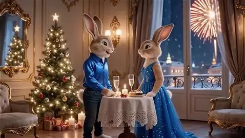 Two anthropomorphic rabbits celebrating New Year's Eve with champagne and a Christmas tree.