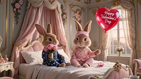 Two anthropomorphic bunnies in pajamas on a bed, one holding peonies, the other a Valentine's Day balloon.