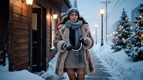 Woman in fur coat and hat walks through deep snow on a decorated winter street with falling snow.