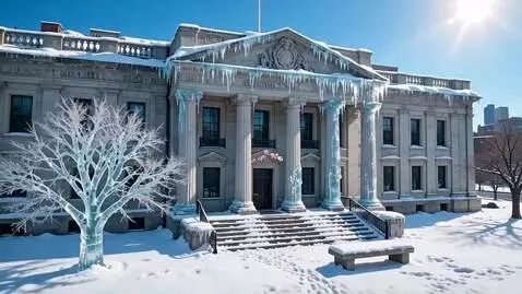 Grand classical building transitioning from snow and icicles to blooming flowers and greenery.