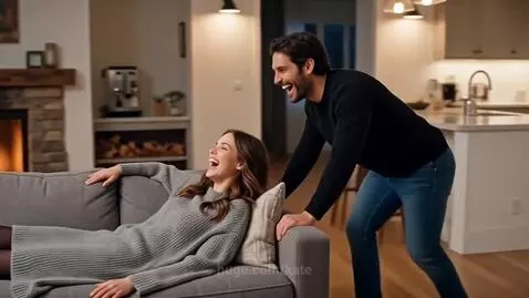 A man and woman laughing together in a cozy living room, radiating happiness.