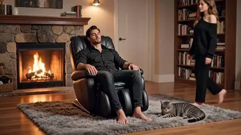 Couple sharing a tender moment in a cozy living room with a fireplace, massage chair, and a cat on the rug.