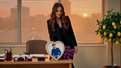 Woman in a black suit smiling and smelling a large bouquet of purple tulips in an office with a sunset view.