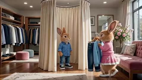 Animated female rabbit showing a blue sweater to a male rabbit in a clothing store.