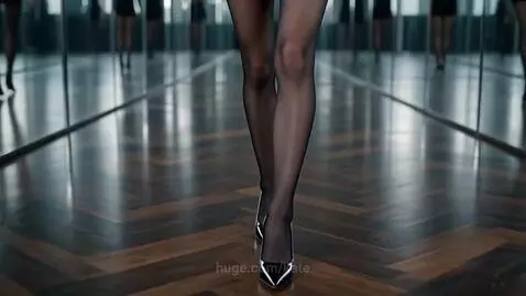 Woman with long brown hair in a black blazer and satin skirt walks in a mirrored hallway, wearing high heels.