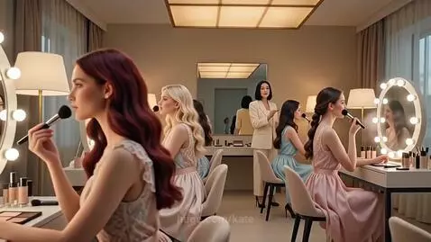 Women in elegant dresses applying makeup in a brightly lit studio with vanity mirrors.