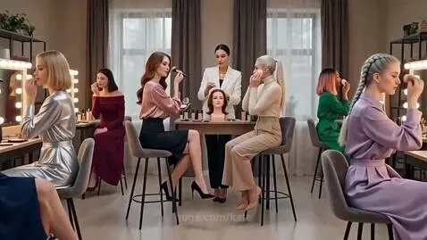 Women in a makeup studio learning blending techniques, instructor demonstrates on a mannequin head.