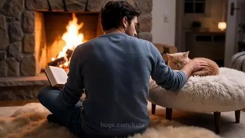 Man reading by fireplace with cat on ottoman, cat yawns.