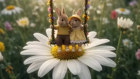 Two animated bunnies sitting on a swing decorated with flowers, suspended above a large daisy.