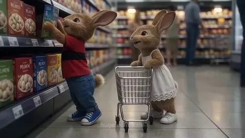 Two animated rabbits in a supermarket aisle, one reaching for a box of pelmeni, the other with a shopping cart.