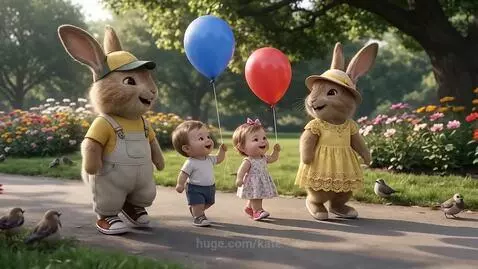 Two anthropomorphic bunnies walk with two babies holding red and blue balloons in a sunny park with flowers.