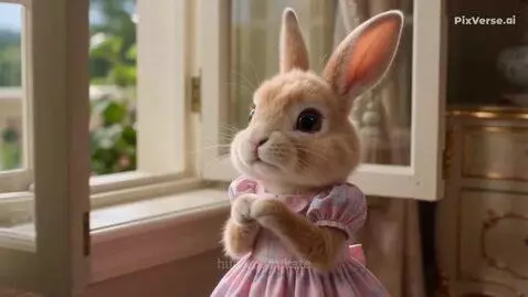 Animated sad bunny in a pink dress by a window, then a decorated room with a birthday cake and roses for Peter Rabbit.