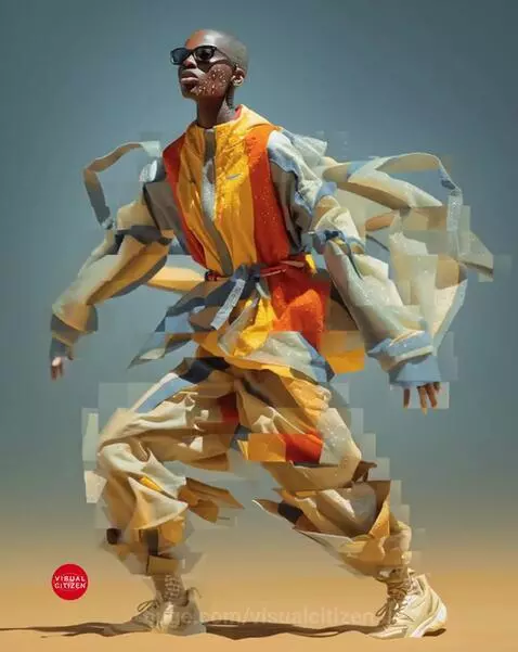 Person in deconstructed, multi-colored outfit with sunglasses, crouching dynamically.