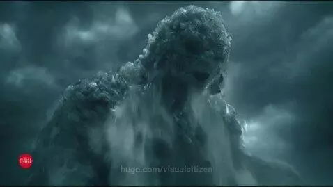 A colossal humanoid monster made of plastic debris rising from a dark, stormy ocean behind a small fishing boat.