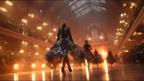 Models showcase avant-garde fashion on illuminated runways with dramatic lighting and unique outfits.