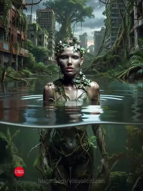Woman adorned with leaves and metallic sheen emerges from water in an overgrown, post-apocalyptic city.