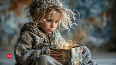 Young girl with curly blonde hair and blue eyes, wearing a hat, looking into a glowing rustic box.