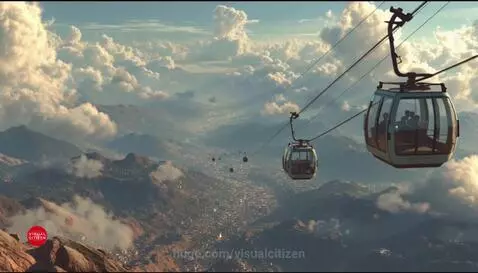 Panoramic view of cable cars moving above a city in a valley, with mountains and partly cloudy sky.