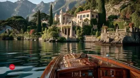Elegant villa on a lush green shoreline with mountains in the background, reflected in calm water.