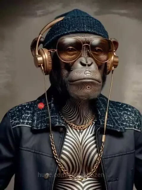 Anthropomorphic chimpanzee wearing a blue beanie, sunglasses, and headphones, with a patterned jacket.
