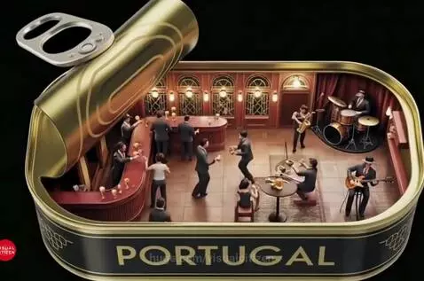 A golden sardine can opened to reveal a miniature bar scene with people socializing, dancing, and a jazz band playing.