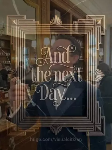 Man with a comically long, Pinocchio-like nose happily smelling perfume in a luxurious shop.