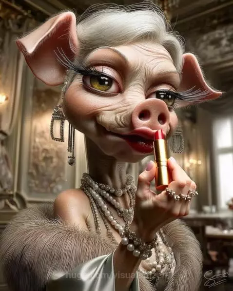 Anthropomorphic pig character with white hair, red lipstick, pearls, and diamond earrings applying makeup.