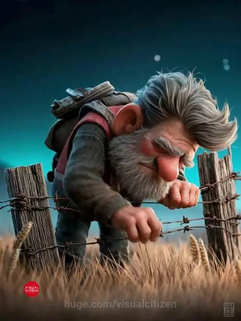 Animated elderly man with white beard mending a barbed wire fence in a golden grassy field.