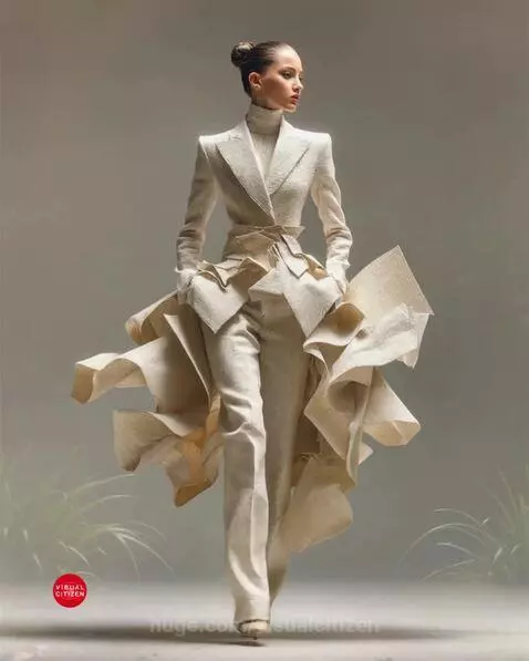 Model in avant-garde cream suit walks through a jungle with leopards on either side.