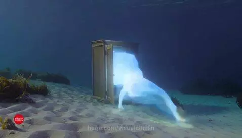 Woman emerging from a wooden wardrobe underwater, surrounded by fish, ascending towards the surface.