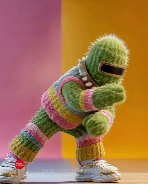 A break-dancing cactus character in a colorful vest and visor performing energetic moves on a vibrant background.