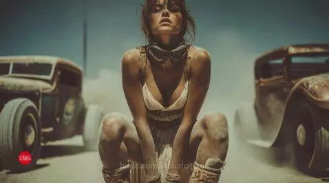 Woman in ripped skirt and goggles in a dusty, post-apocalyptic desert setting with modified cars.