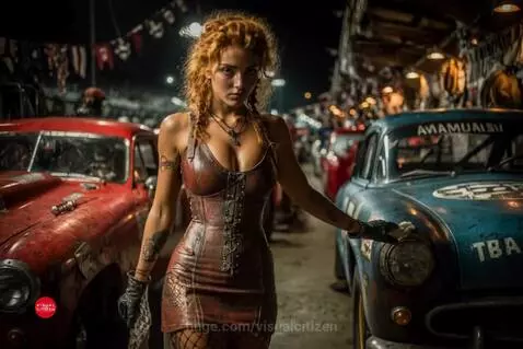 Woman with curly red hair in a red leather corset and fishnets, posing between two rusty race cars in a dark, gritty garage.
