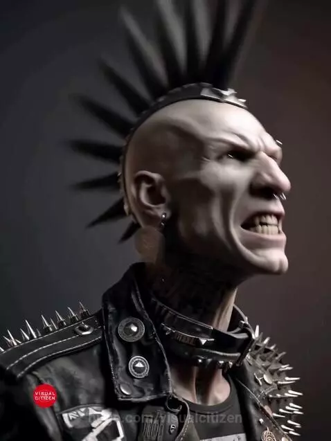 Man with mohawk and piercings screaming aggressively, then putting finger to lips.