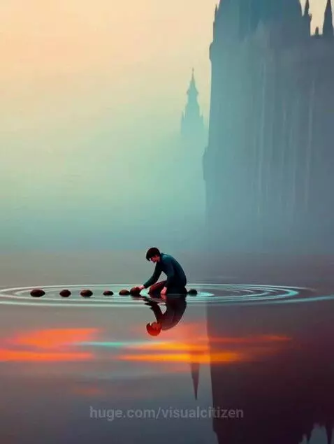 Person in misty water creating ripples, with vibrant light trails and futuristic buildings in the background.