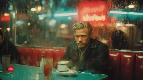 Man with blonde beard sits in a diner booth at night, rain streaks the window, neon lights reflect.