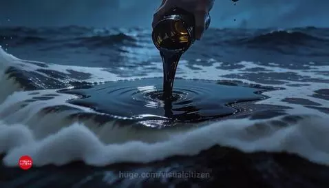Dark oil spreading across blue ocean water, creating a rainbow-like sheen.