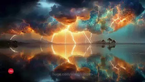 Glowing clouds and lightning over a reflective body of water, with a light beam descending onto illuminated platforms.