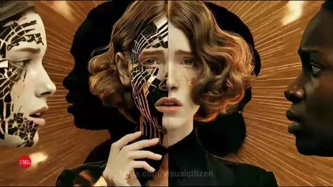 Close-up portraits of diverse individuals undergoing abstract and surreal visual transformations with glitch and melting effects.