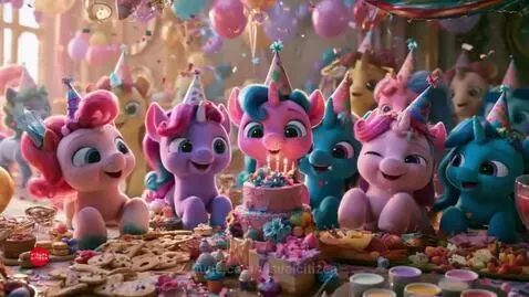Cartoon unicorn characters wearing party hats gathered around a birthday cake with lit candles, surrounded by balloons and treats.