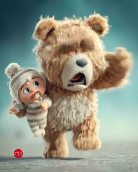 A large, fluffy brown teddy bear screaming in fear while holding a calm baby in a striped onesie.