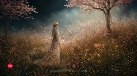 Woman in a flowing dress transforms into a nature spirit adorned with leaves and flowers in a mystical forest.