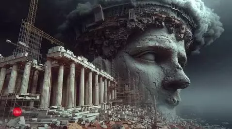 Artistic animation of a colossal stone head and temple-like structure with scaffolding against a dramatic, cloudy sky.
