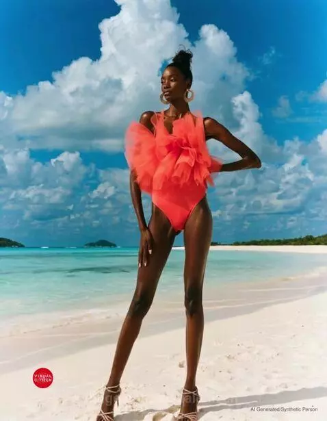 Woman in a coral swimsuit and hoop earrings posing on a white sand beach with clear turquoise water.