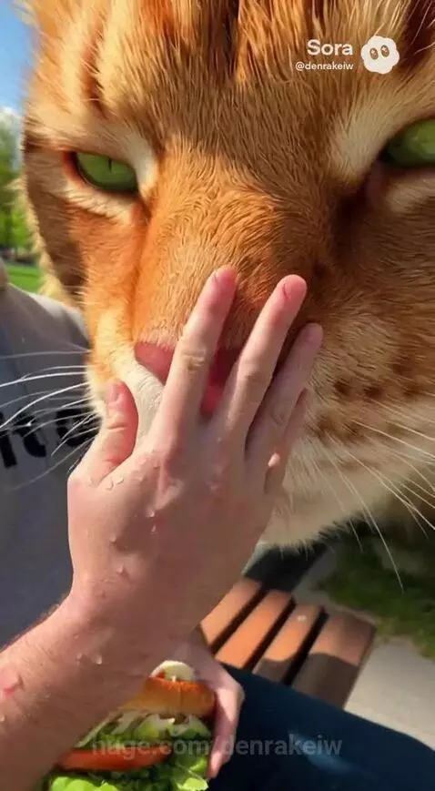 A man sitting on a park bench is gently pushing away a giant orange cat that is sniffing his sandwich.