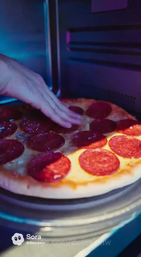 DJ wearing headphones and hoodie, interacting with a microwave on stage with a pizza inside, during a concert with laser lights.