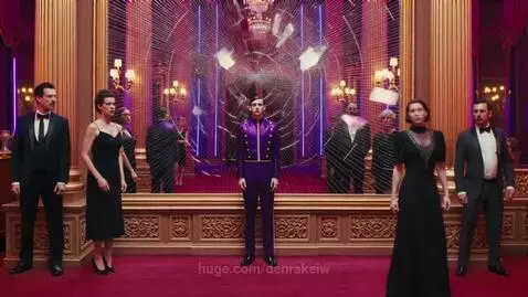 Man in purple suit, ornate room, shattering glass effect, flying through red curtains into neon corridor.