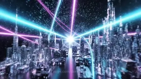 Futuristic crystalline city with glowing buildings and neon pink and blue light trails, revealing the text HUGE.COM.